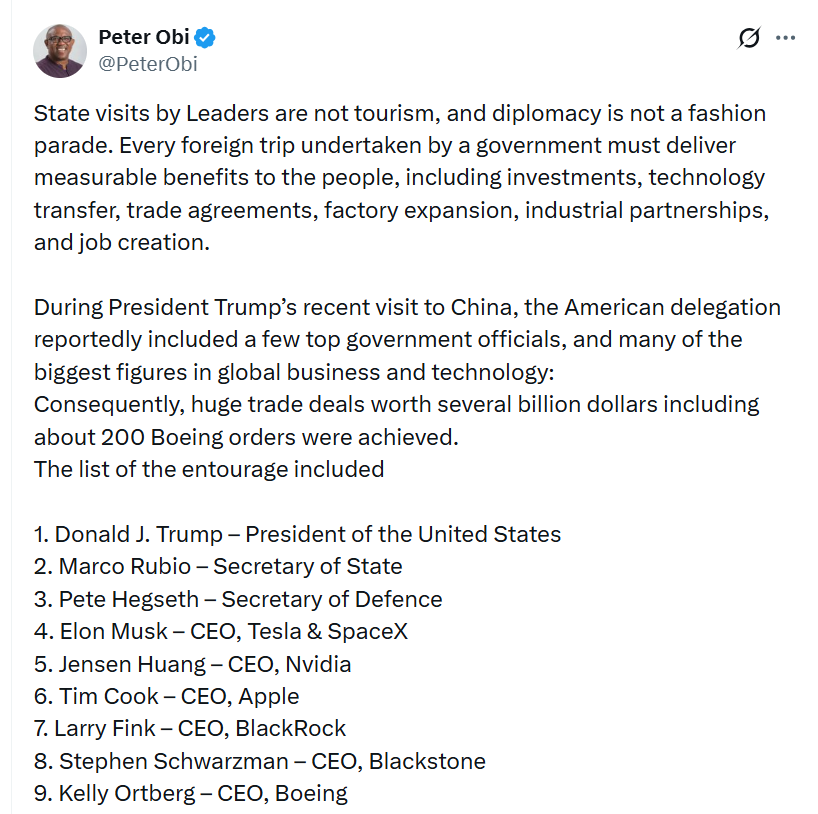 State visits by leaders are not tourism - Peter Obi says as he compares Trump